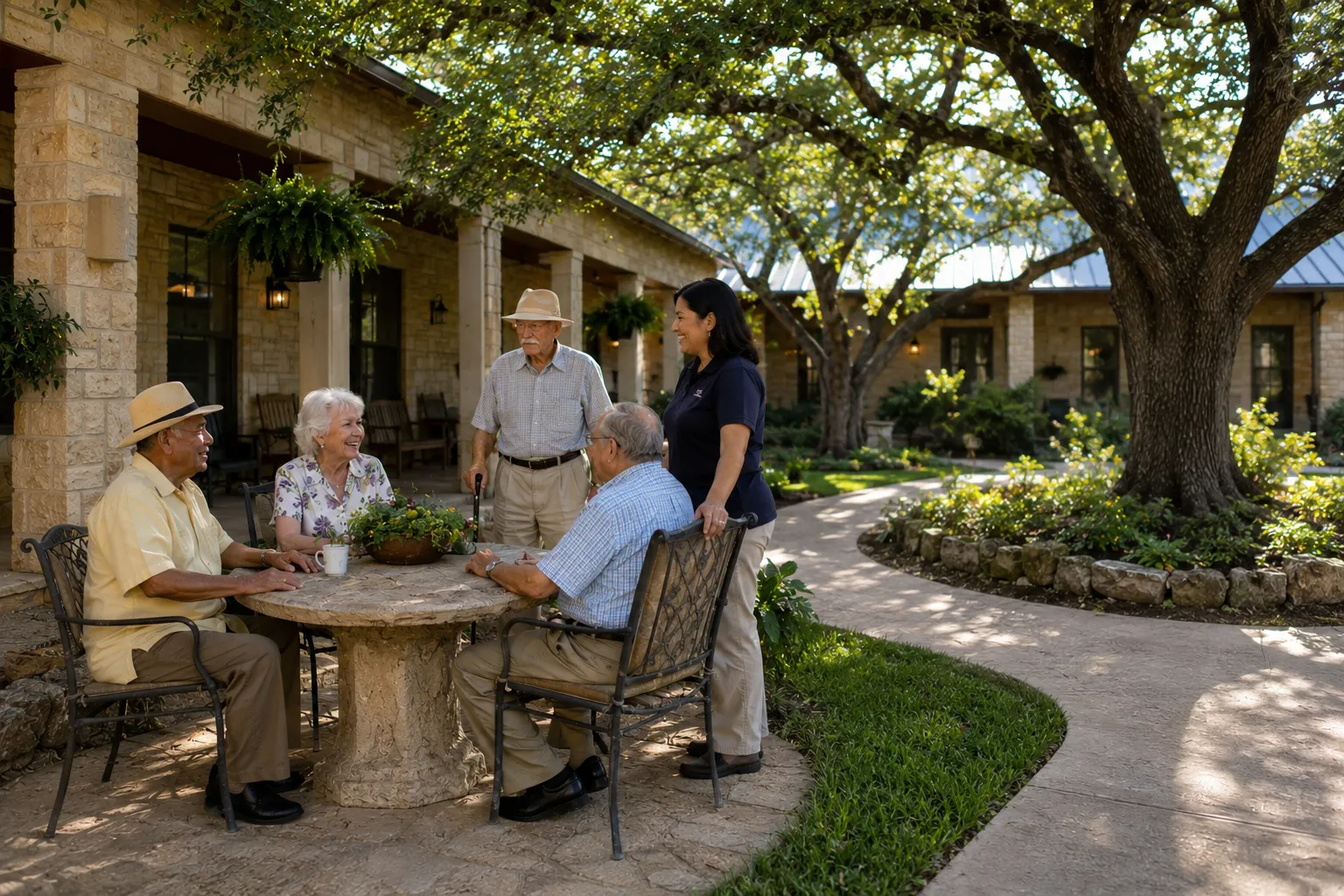 Residents and a staff member talking in the shaded limestone courtyard of a Texas assisted living community